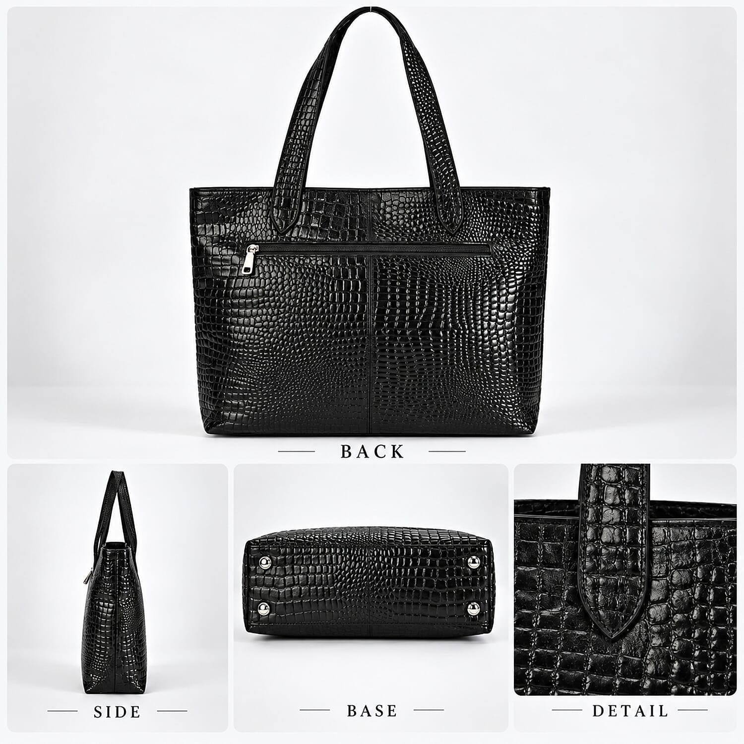 La Marey Black Croco Embossed Genuine Leather 5pcs Set Duffle Bag, Shopper Bag, Crossbody, Clutch and Card Holder