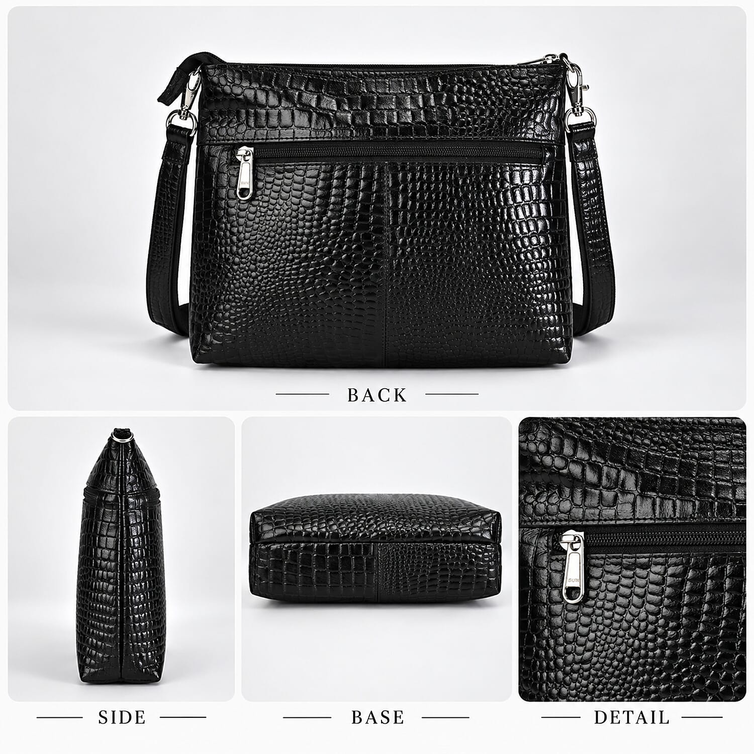 La Marey Black Croco Embossed Genuine Leather 5pcs Set Duffle Bag, Shopper Bag, Crossbody, Clutch and Card Holder