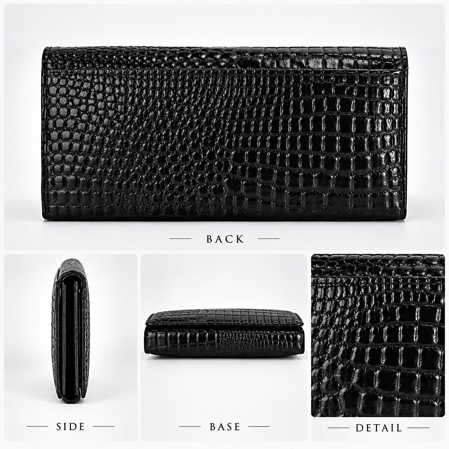 La Marey Black Croco Embossed Genuine Leather 5pcs Set Duffle Bag, Shopper Bag, Crossbody, Clutch and Card Holder