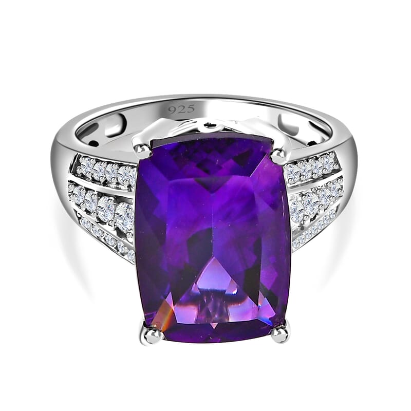 AAA Moroccan Amethyst and Moissanite 7.70 ctw Ring in Platinum Over Sterling Silver (Size 8.0)