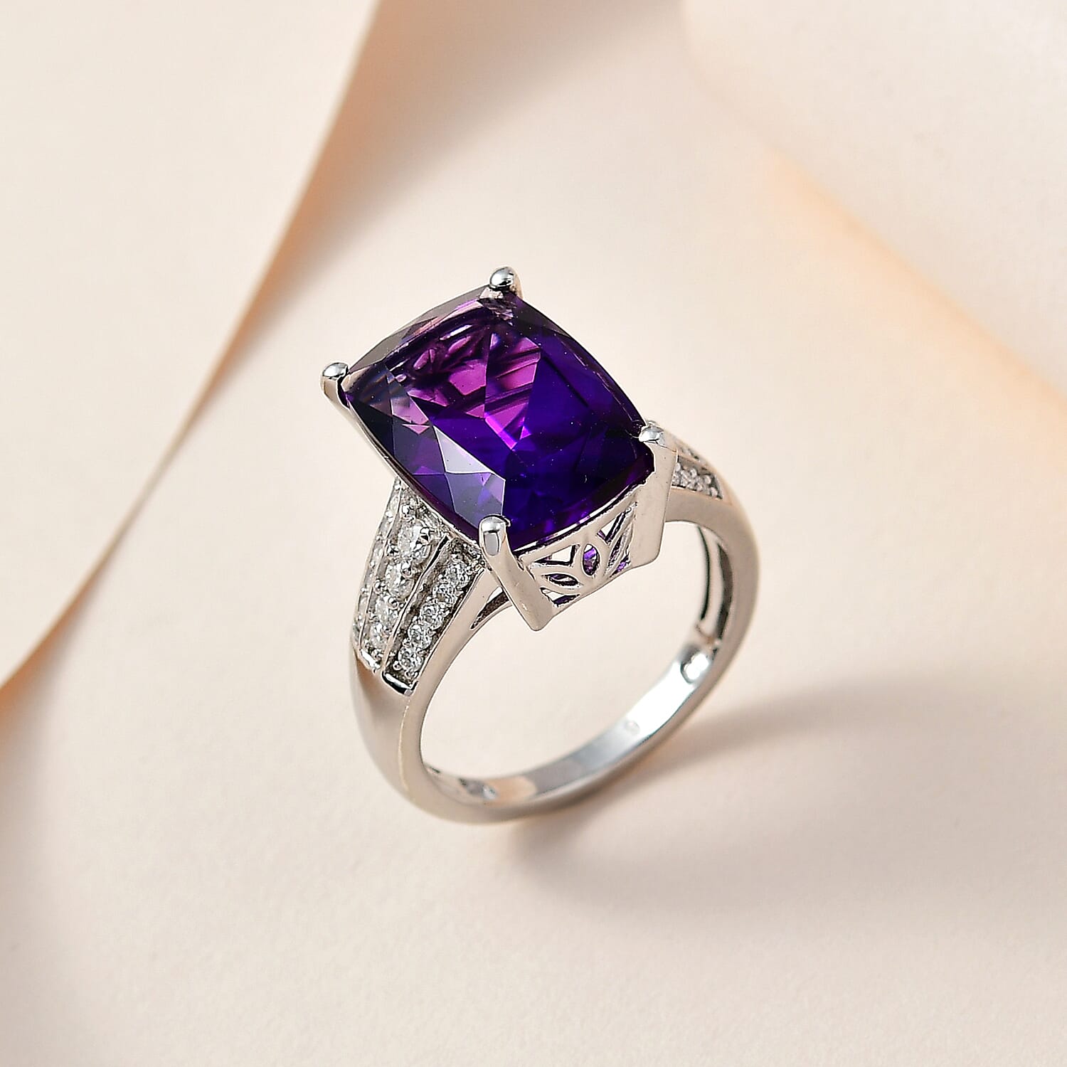 AAA Moroccan Amethyst and Moissanite 7.70 ctw Ring in Platinum Over Sterling Silver (Size 8.0)