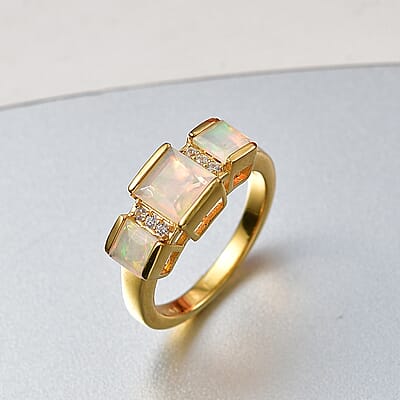 D'Joy Premium Ethiopian Welo Opal and White Zircon 1.25 ctw 3 Stone Ring in 18K YG Over Sterling Silver (Size 6.0)