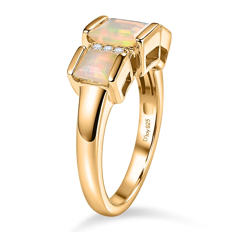 D'Joy Premium Ethiopian Welo Opal and White Zircon 1.25 ctw 3 Stone Ring in 18K YG Over Sterling Silver (Size 6.0)