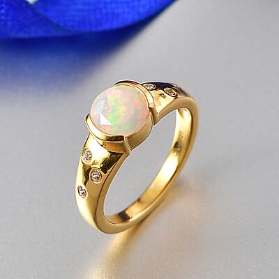 D'Joy Premium Ethiopian Welo Opal and White Zircon 0.90 ctw Ring in 18K YG Over Sterling Silver (Size 6.0)