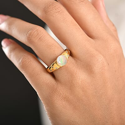 D'Joy Premium Ethiopian Welo Opal and White Zircon 0.90 ctw Ring in 18K YG Over Sterling Silver (Size 6.0)