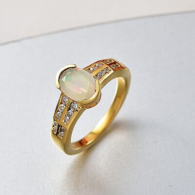 D'Joy Premium Ethiopian Welo Opal and White Zircon 1.10 ctw Ring in 18K YG Over Sterling Silver (Size 6.0)