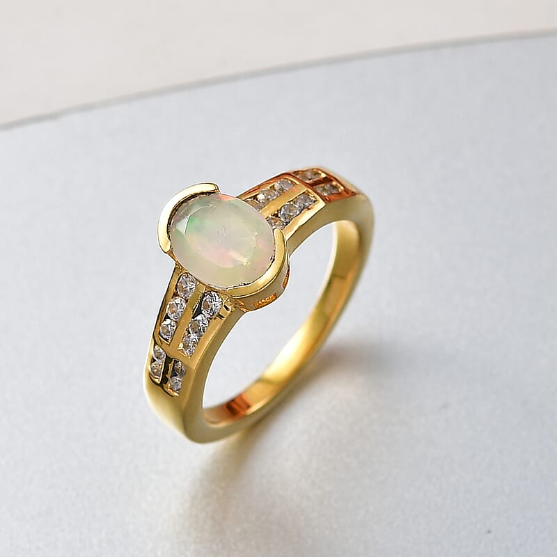 D'Joy Premium Ethiopian Welo Opal and White Zircon 1.10 ctw Ring in 18K YG Over Sterling Silver (Size 6.0)