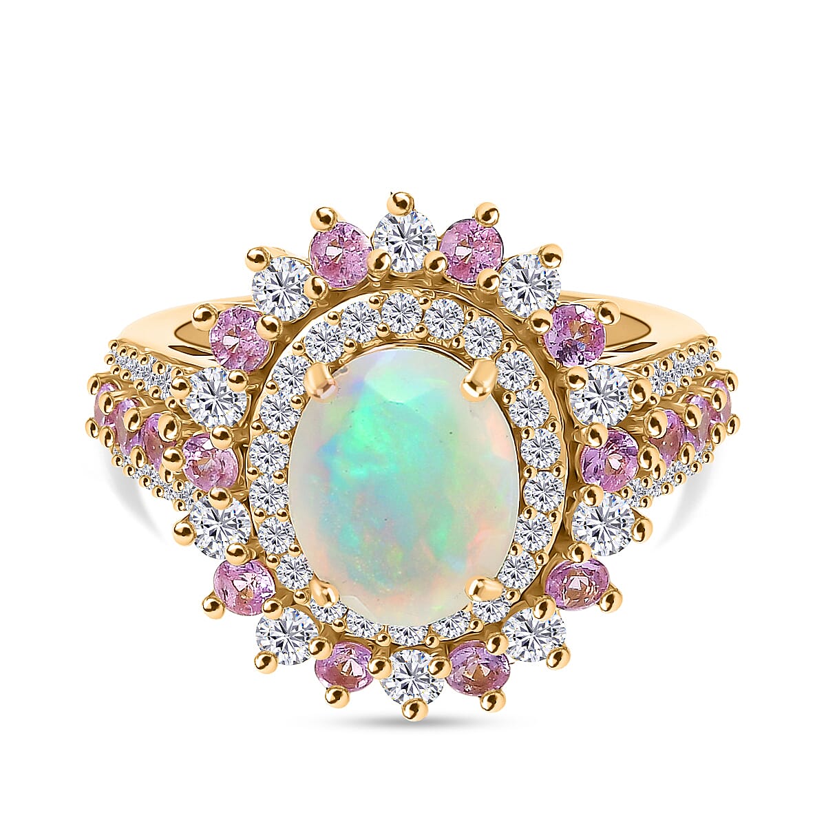 D'Joy AAA Ethiopian Welo Opal and Multi Gemstone 4.10 ctw Ring in 18K Vermeil Yellow Gold Over Sterling Silver (Size 7.0)