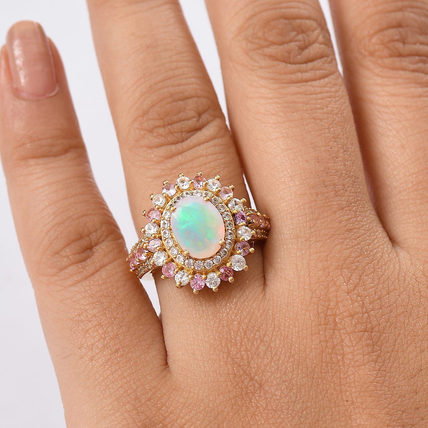 D'Joy AAA Ethiopian Welo Opal and Multi Gemstone 4.10 ctw Ring in 18K Vermeil Yellow Gold Over Sterling Silver (Size 7.0)