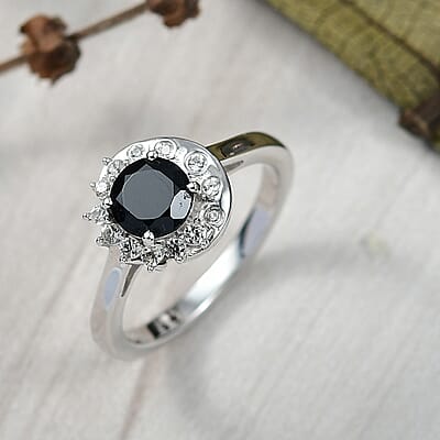 D'Joy Thai Black Spinel and White Zircon 1.30 ctw Ring in Platinum Over Sterling Silver (Size 7.5)