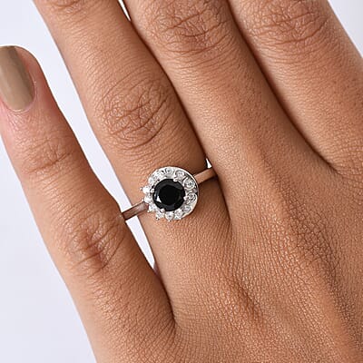 D'Joy Thai Black Spinel and White Zircon 1.30 ctw Ring in Platinum Over Sterling Silver (Size 7.5)