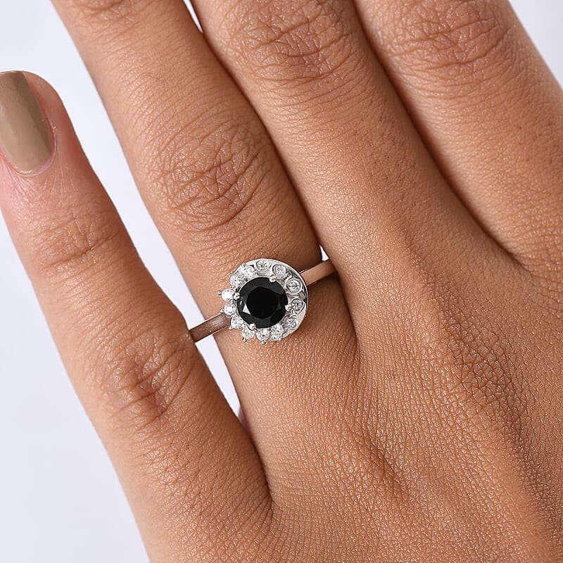 D'Joy Thai Black Spinel and White Zircon 1.30 ctw Ring in Platinum Over Sterling Silver (Size 7.5)