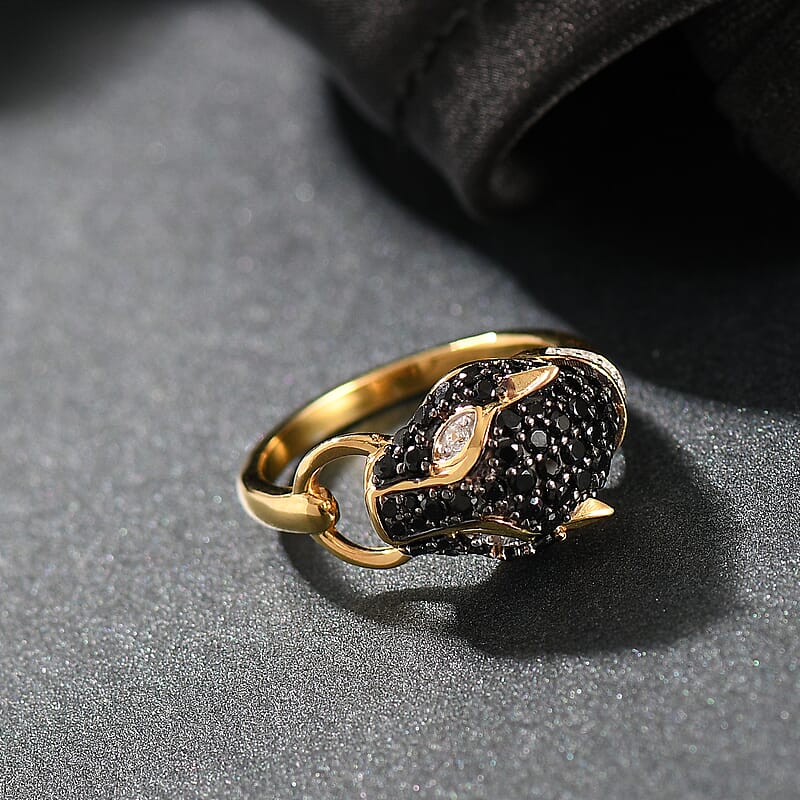 D'Joy Thai Black Spinel and White Zircon 1.20 ctw Ring in 18K YG Over Sterling Silver (Size 7.5)