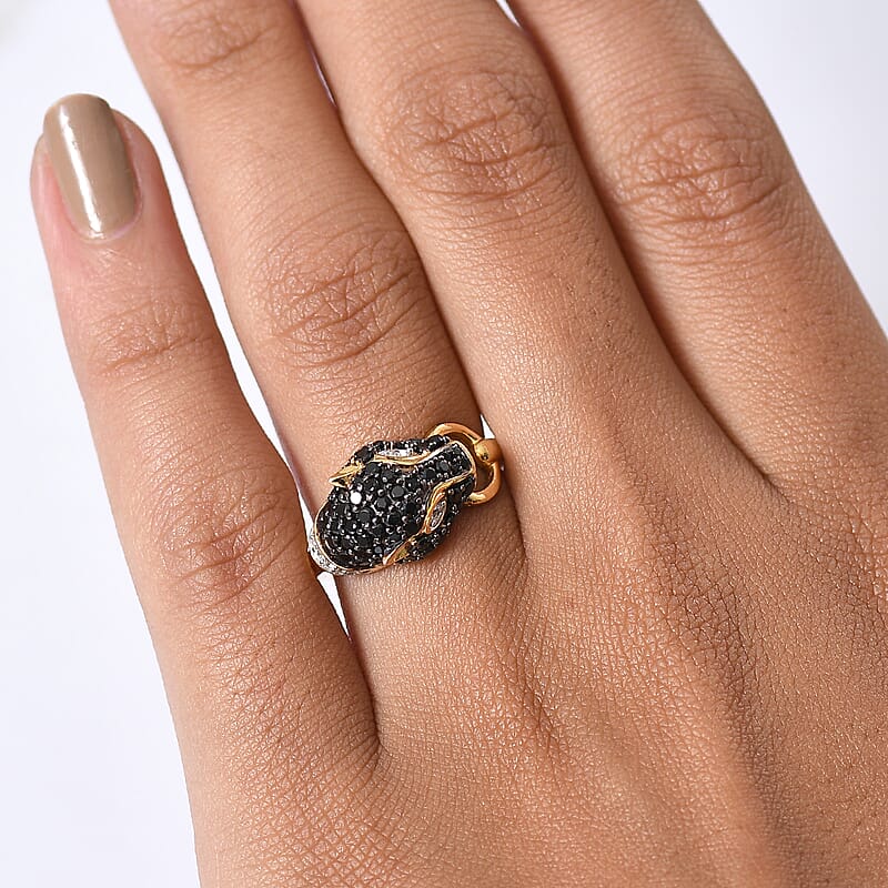 D'Joy Thai Black Spinel and White Zircon 1.20 ctw Ring in 18K YG Over Sterling Silver (Size 7.5)