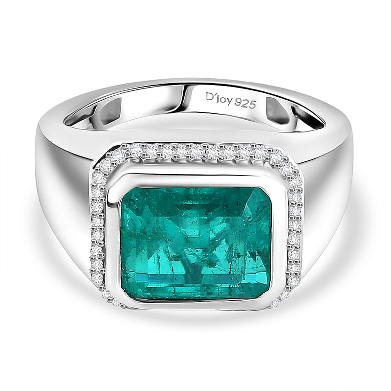 D'Joy Emeraldine Triplet Quartz and White Zircon 5.50 ctw Men's Ring in Rhodium Over Sterling Silver (Size 11.0)