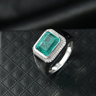 D'Joy Emeraldine Triplet Quartz and White Zircon 5.50 ctw Men's Ring in Rhodium Over Sterling Silver (Size 11.0)