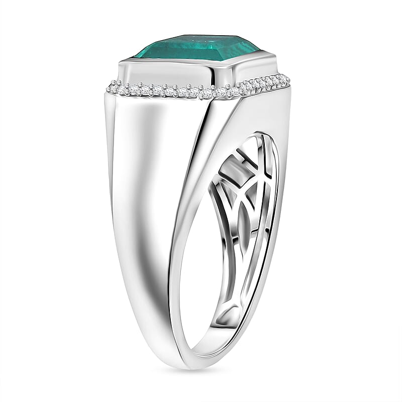 D'Joy Emeraldine Triplet Quartz and White Zircon 5.50 ctw Men's Ring in Rhodium Over Sterling Silver (Size 11.0)