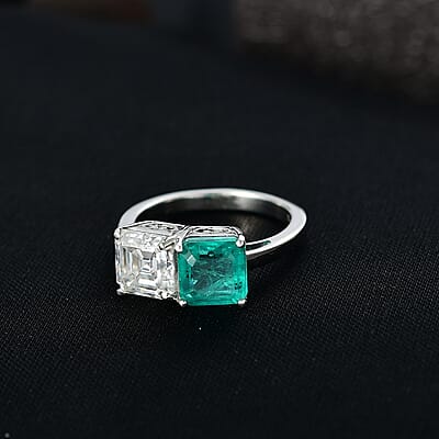 D'Joy Emeraldine Triplet Quartz and Moissanite 3.70 ctw Ring in Platinum Over Sterling Silver (Size 8.5)