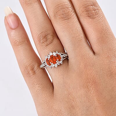 D'Joy AAA Crimson Fire Opal and White Zircon 1.50 ctw Ring in Rhodium Over Sterling Silver (Size 7.5)