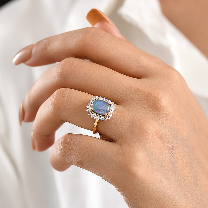Premium Boulder Opal Triplet and Luxuriant Lab Grown Diamond G-H SI 2.85 ctw Ring in 18K Vermeil Yellow Gold Over Sterling Silver (Size 6.0)