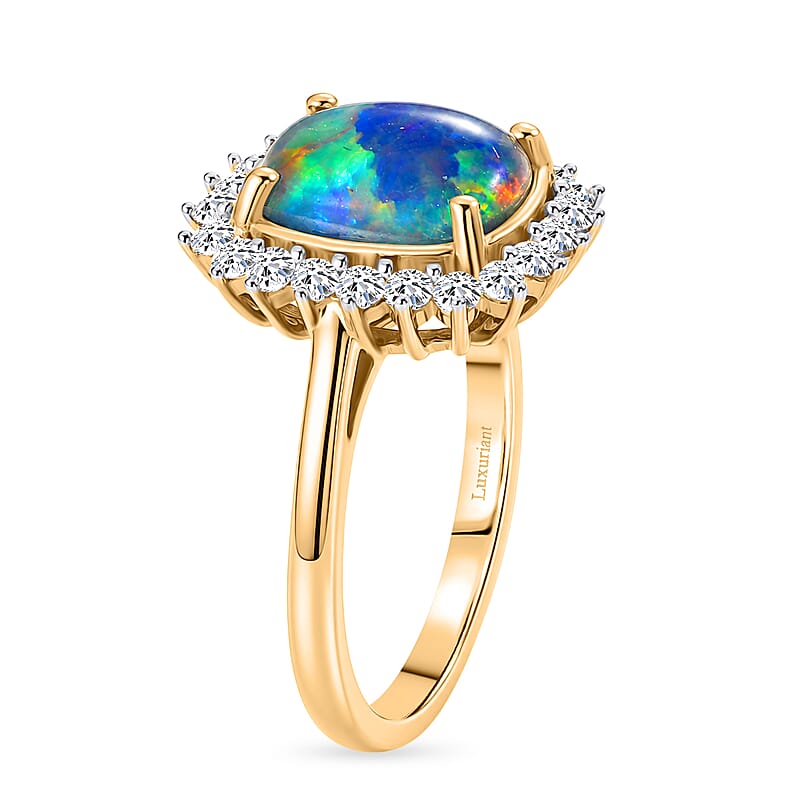 Premium Boulder Opal Triplet and Luxuriant Lab Grown Diamond G-H SI 2.85 ctw Ring in 18K Vermeil Yellow Gold Over Sterling Silver (Size 6.0)