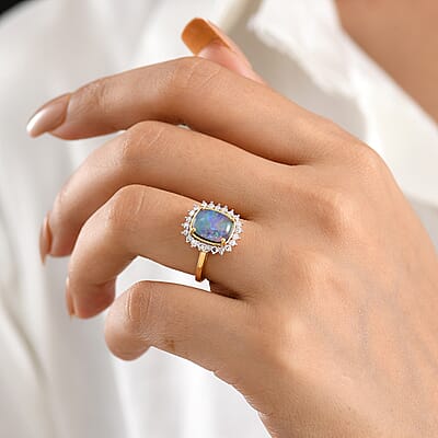 Premium Boulder Opal Triplet and Luxuriant Lab Grown Diamond G-H SI 2.85 ctw Ring in 18K Vermeil Yellow Gold Over Sterling Silver (Size 6.5)