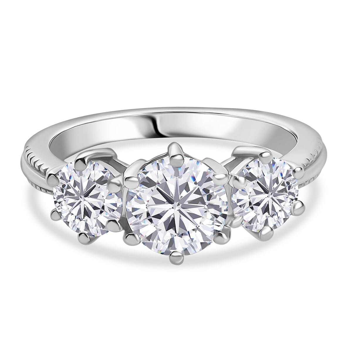 D'Joy Moissanite 1.80 ctw 3 Stone Ring in Platinum Over Sterling Silver (Size 6.0)