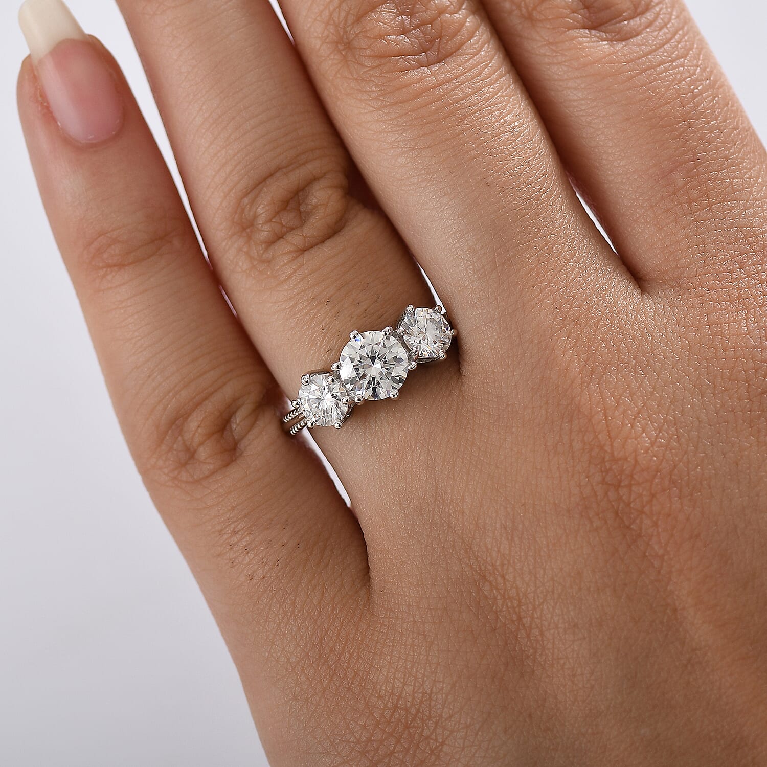 D'Joy Moissanite 1.80 ctw 3 Stone Ring in Platinum Over Sterling Silver (Size 6.0)
