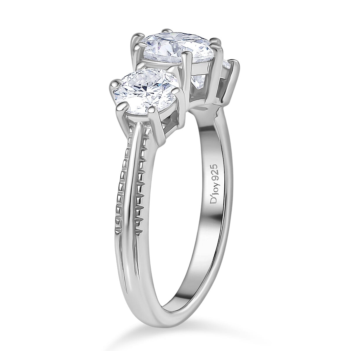 D'Joy Moissanite 1.80 ctw 3 Stone Ring in Platinum Over Sterling Silver (Size 6.0)