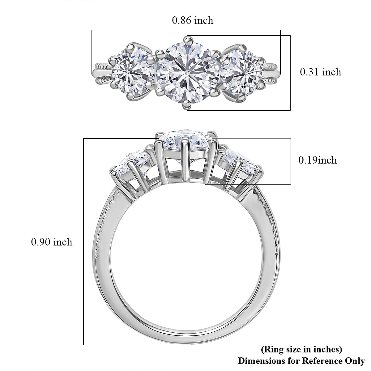 D'Joy Moissanite 1.80 ctw 3 Stone Ring in Platinum Over Sterling Silver (Size 6.0) image number 2