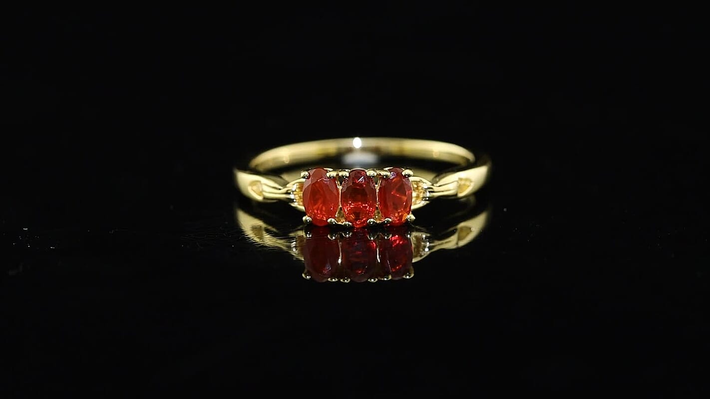 D'Joy Mexican Cherry Fire Opal Regal Trinity Sunset Trio Ring in 18K Vermeil Yellow Gold Over Sterling Silver (Size 10.0) 0.50 ctw