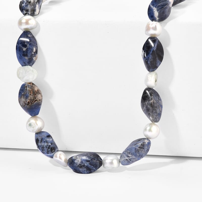 EverTrue Sodalite and Blue Pearl (D) 135.00 ctw Necklace in Stainless Steel 18-20 Inches