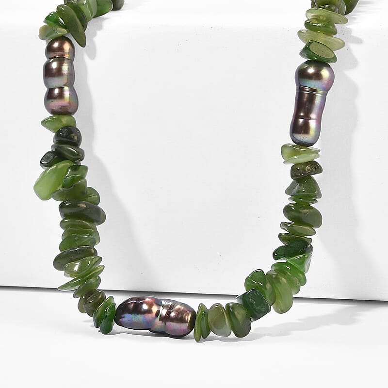EverTrue Peacock Pearl (D) and Nephrite 135.00 ctw Necklace in Stainless Steel 18-20 Inches