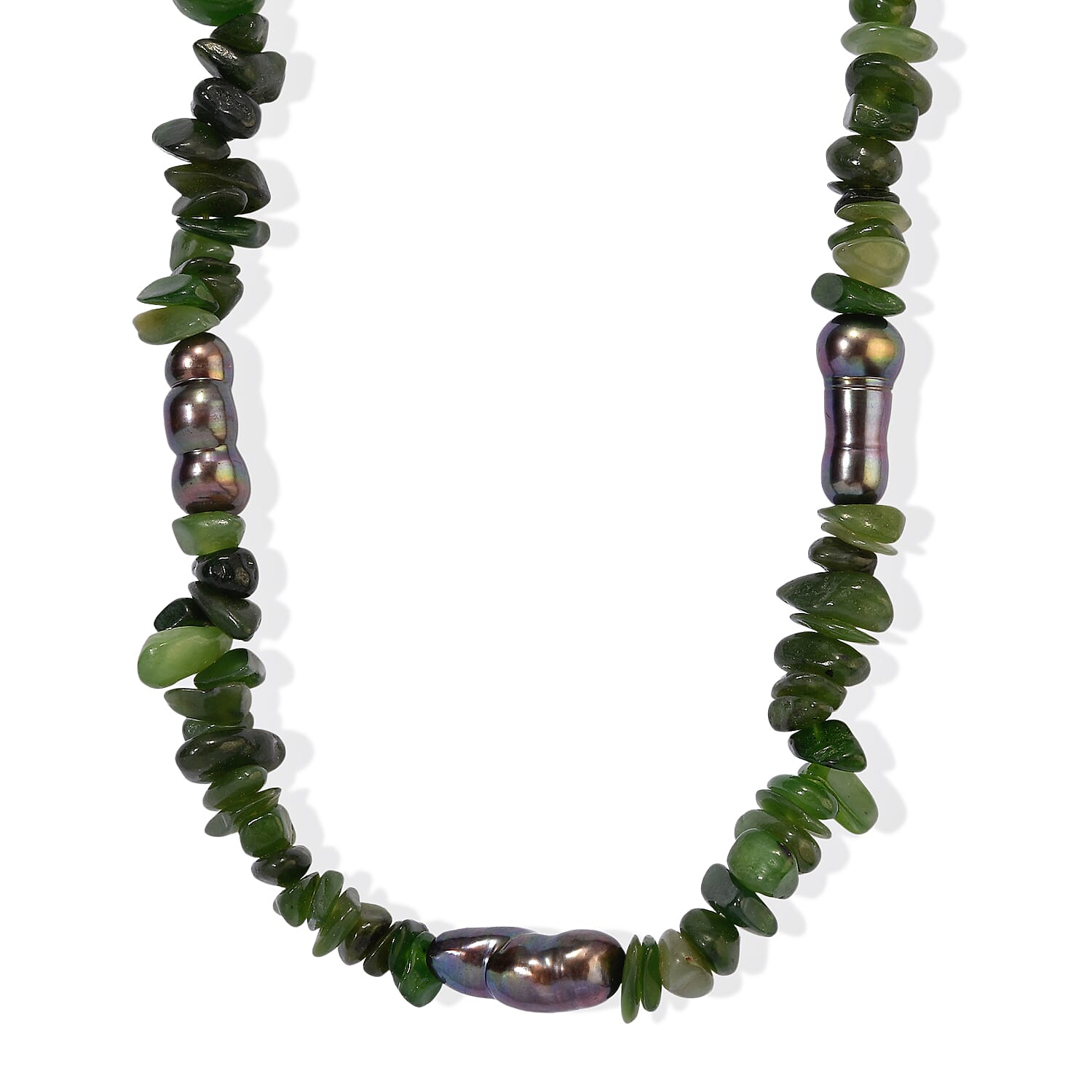 EverTrue Peacock Pearl (D) and Nephrite 135.00 ctw Necklace in Stainless Steel 18-20 Inches