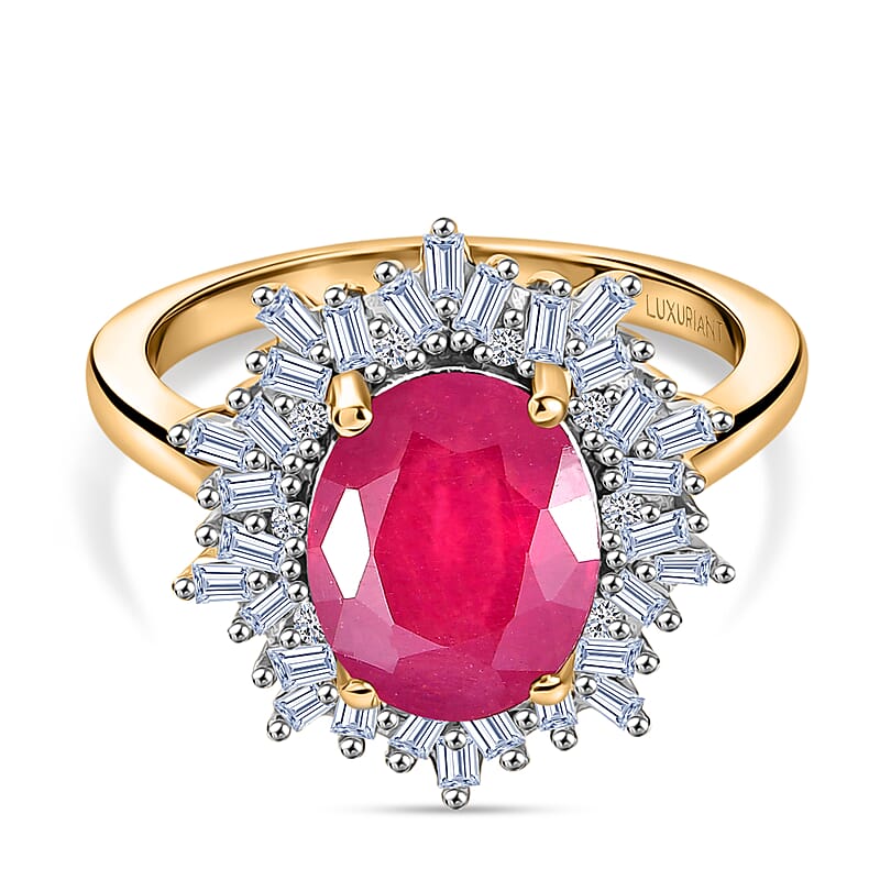 AAA African Ruby (FF) and Luxuriant Lab Grown Diamond G-H SI 4.30 ctw Ring in 18K Vermeil Yellow Gold Over Sterling Silver (Size 7.5)