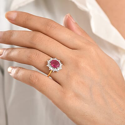 AAA African Ruby (FF) and Luxuriant Lab Grown Diamond G-H SI 4.30 ctw Ring in 18K Vermeil Yellow Gold Over Sterling Silver (Size 7.5)