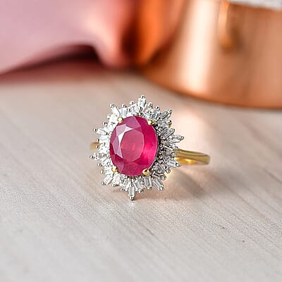 AAA African Ruby (FF) and Luxuriant Lab Grown Diamond G-H SI 4.30 ctw Ring in 18K Vermeil Yellow Gold Over Sterling Silver (Size 7.5)