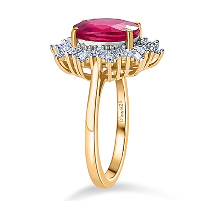 AAA African Ruby (FF) and Luxuriant Lab Grown Diamond G-H SI 4.30 ctw Ring in 18K Vermeil Yellow Gold Over Sterling Silver (Size 7.5)