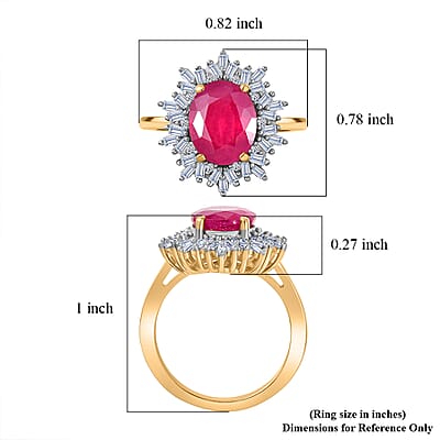AAA African Ruby (FF) and Luxuriant Lab Grown Diamond G-H SI 4.30 ctw Ring in 18K Vermeil Yellow Gold Over Sterling Silver (Size 7.5)