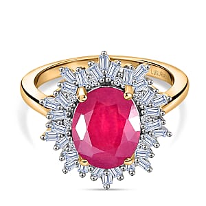 AAA African Ruby (FF) and Luxuriant Lab Grown Diamond G-H SI 4.30 ctw Ring in 18K Vermeil Yellow Gold Over Sterling Silver (Size 8.0)