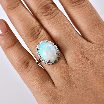 AAAA Ethiopian Welo Opal and Luxuriant Lab Grown Diamond G-H SI 6.60 ctw Ring in 950 Platinum (Size 8.0)