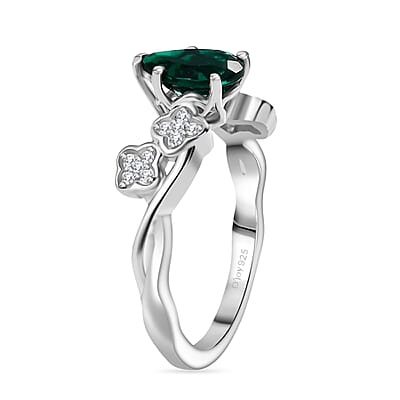 D'Joy Lab Grown Emerald and White Zircon 1.20 ctw Ring in Rhodium Over Sterling Silver (Size 8.5)