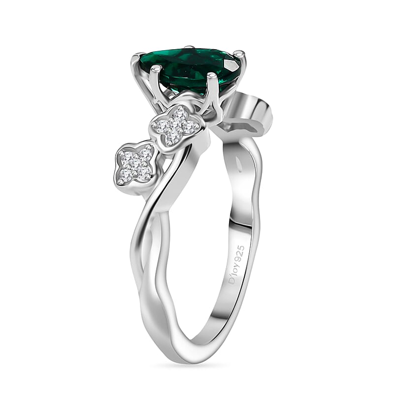 D'Joy Lab Grown Emerald and White Zircon 1.20 ctw Ring in Rhodium Over Sterling Silver (Size 8.5)
