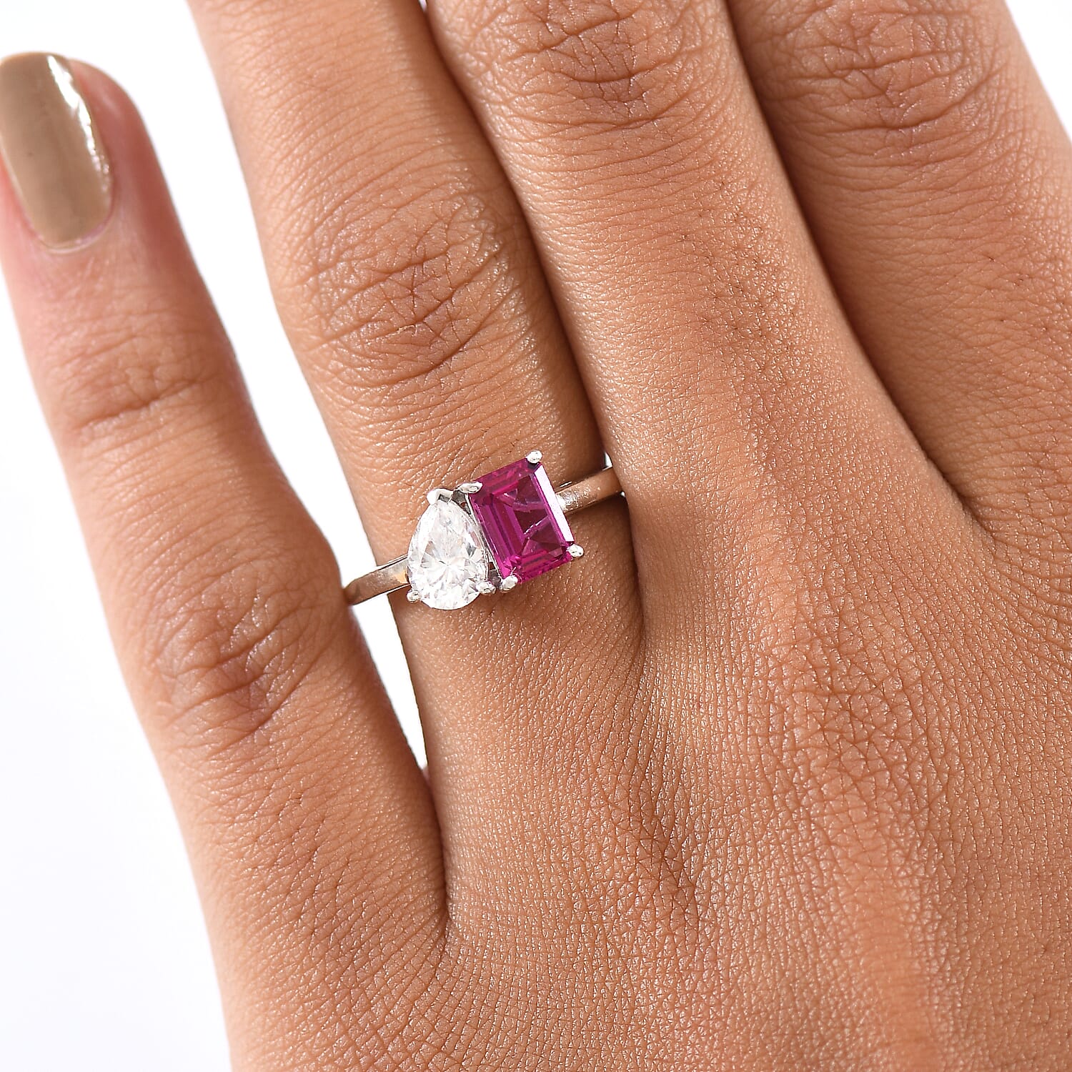 Luxuriant Lab Grown Bixbite and Moissanite 1.60 ctw Ring in Platinum Over Sterling Silver (Size 8.5)