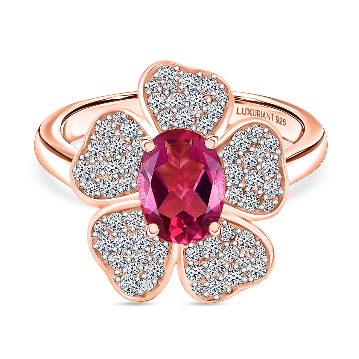 Luxuriant Premium Lab Grown Bixbite and White Zircon 1.60 ctw Ring in 18K Vermeil Rose Gold Over Sterling Silver (Size 9.0)