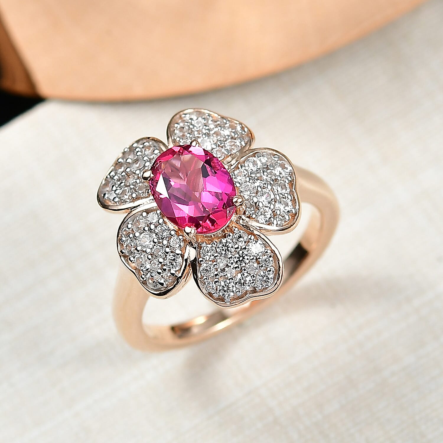 Luxuriant Premium Lab Grown Bixbite and White Zircon 1.60 ctw Ring in 18K Vermeil Rose Gold Over Sterling Silver (Size 9.0)