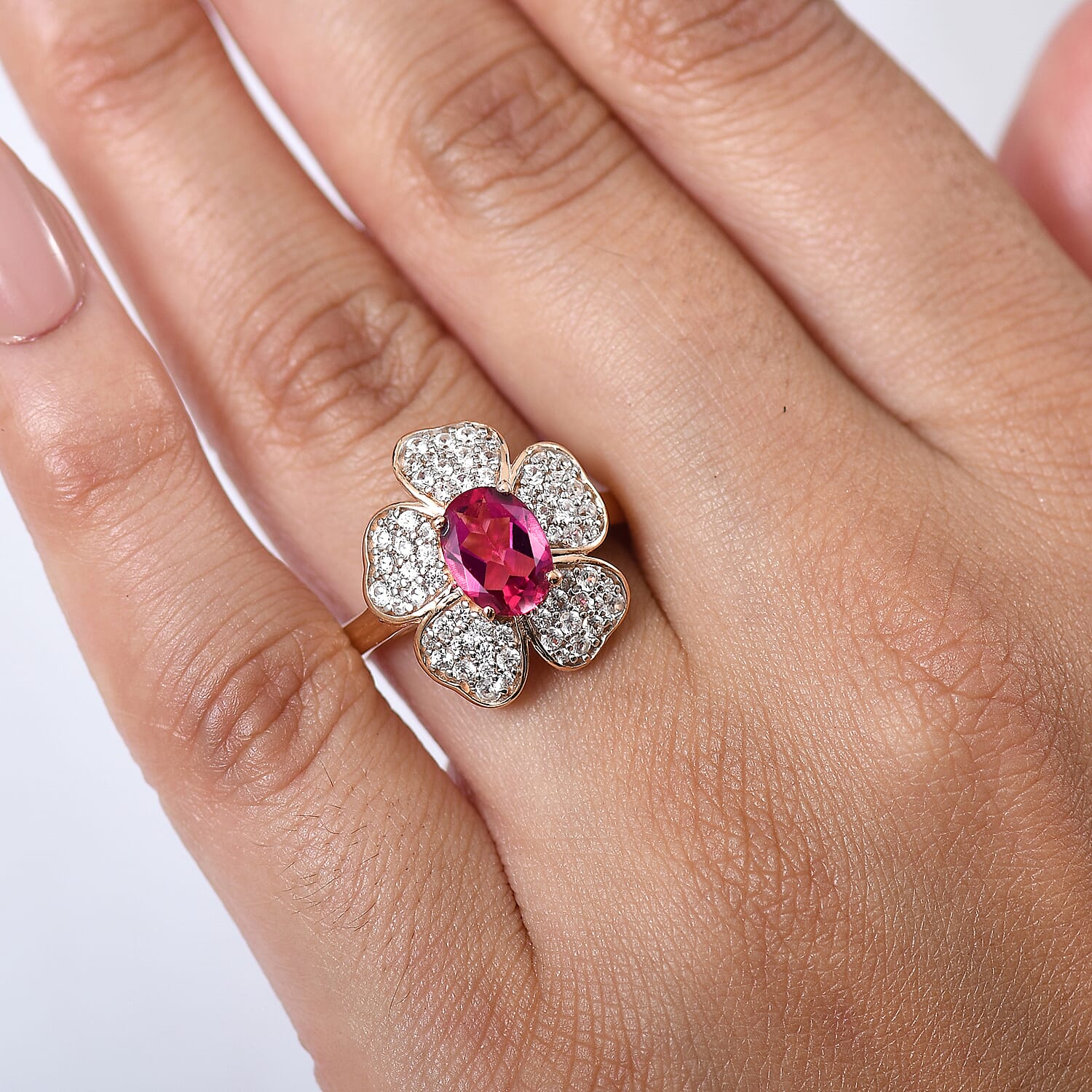 Luxuriant Premium Lab Grown Bixbite and White Zircon 1.60 ctw Ring in 18K Vermeil Rose Gold Over Sterling Silver (Size 9.0)
