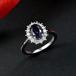 Luxuriant AAA Lab Grown Alexandrite and Lab Grown Diamond G-H SI 2.00 ctw Ring in Rhodium Over Sterling Silver (Size 6.0)