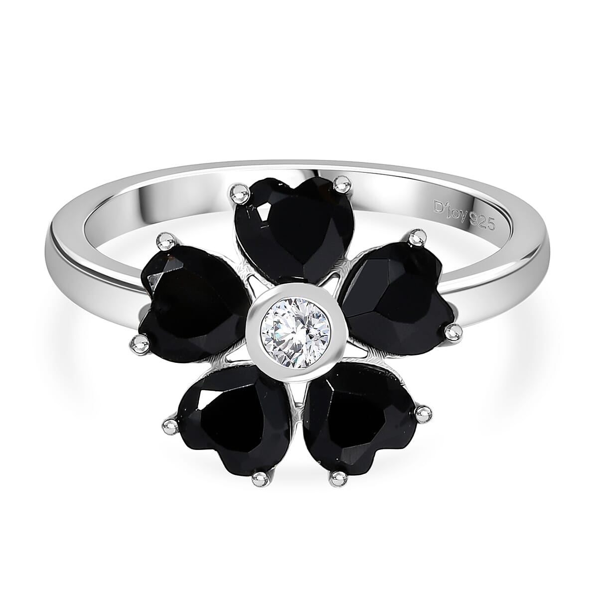 D'Joy Thai Black Spinel and White Zircon 3.15 ctw Floral Ring in Platinum Over Sterling Silver (Size 7.5)