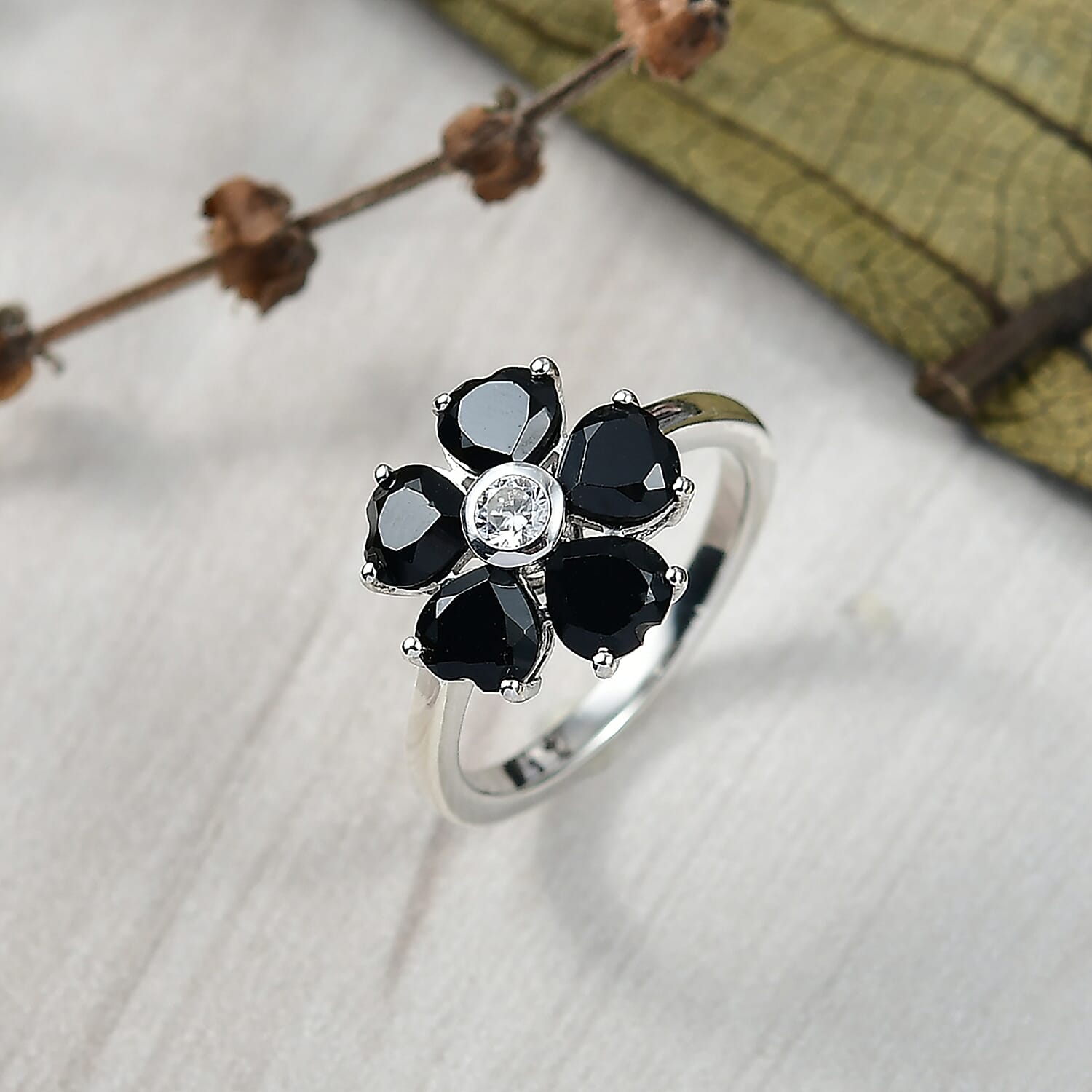 D'Joy Thai Black Spinel and White Zircon 3.15 ctw Floral Ring in Platinum Over Sterling Silver (Size 7.5)